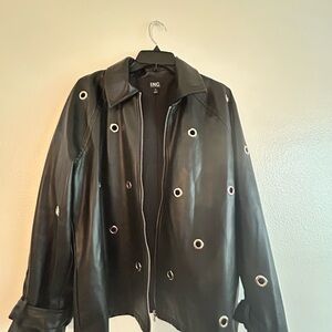 INC International Concepts Women's Black Leather Like Jacket with Eyelet Accents